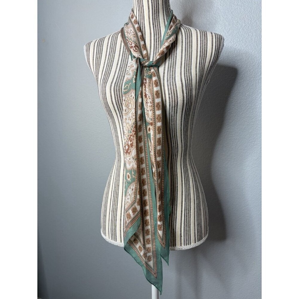 Cacharel Silk Scarf Bronze Green Small NO STAINS 100% Silk 69"x10" 70s Vibes